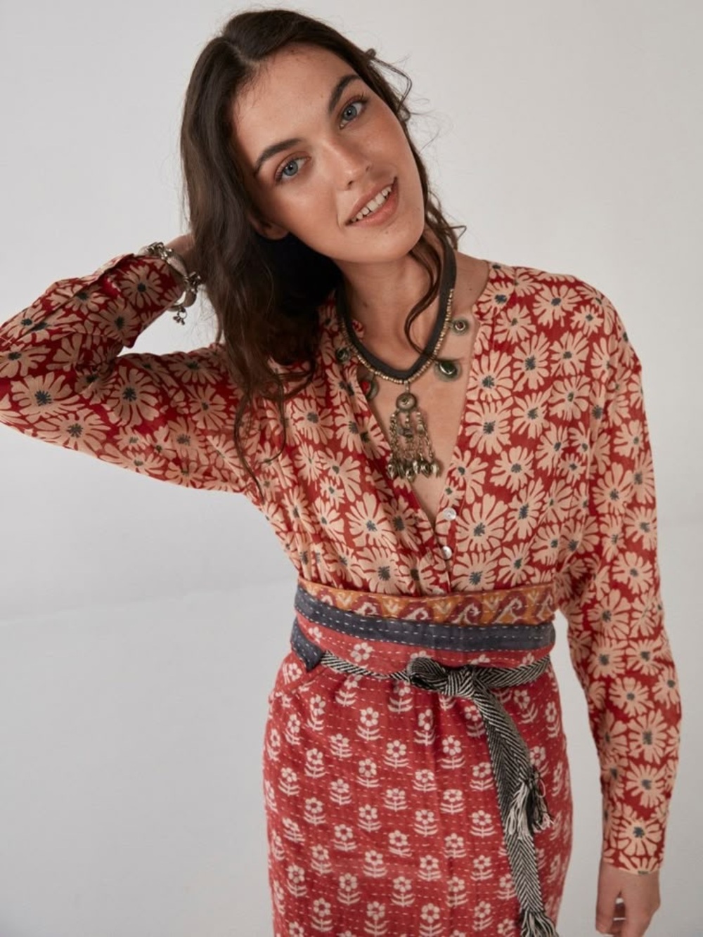Maison Hotel Red Floral Nadine Blouse with Cream Daisy Print
